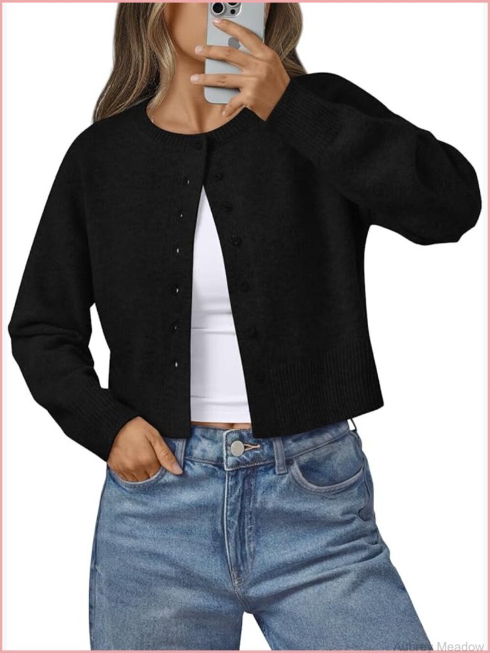 Cropped Cardigan Sweater Lightweight Knit Button Front Drop Shoulder